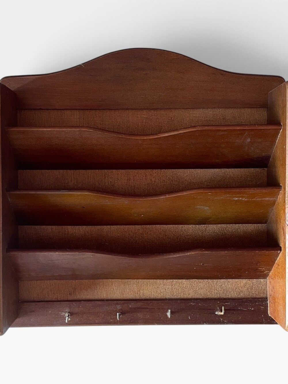 Vintage Farmhouse Wood Organizer Letter Holder With Brass Hooks